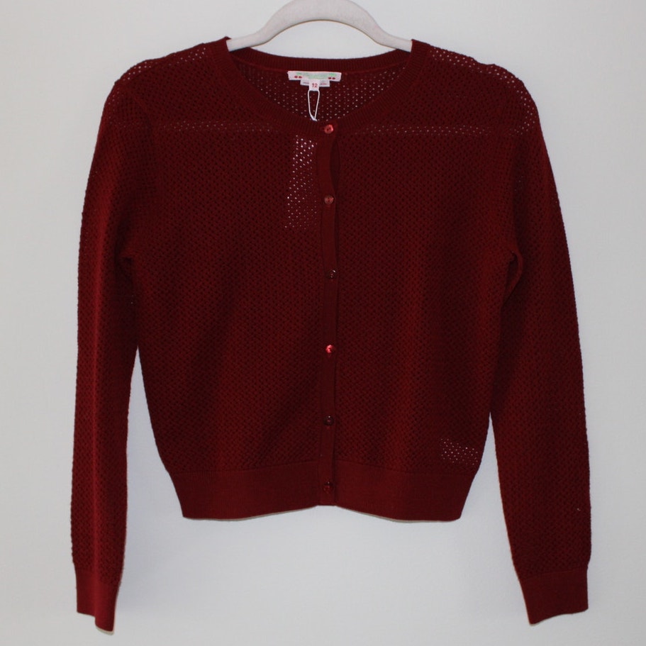 Nwt Bonpoint Wool Long Sleeve Button Front Crochet Cardigan Sweater Red Brick 12